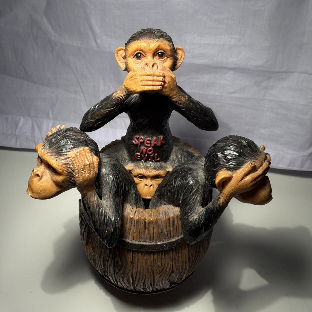 Vintage No Evil Monkeys In A Barrel Resin Sculpture Figurine Decor 7 Inch